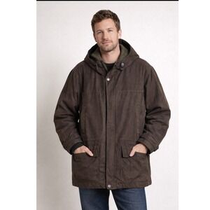 LONDON FOG Heavy Winter Jacket Coat XL Brown Faux Suede Hooded Utility Parka